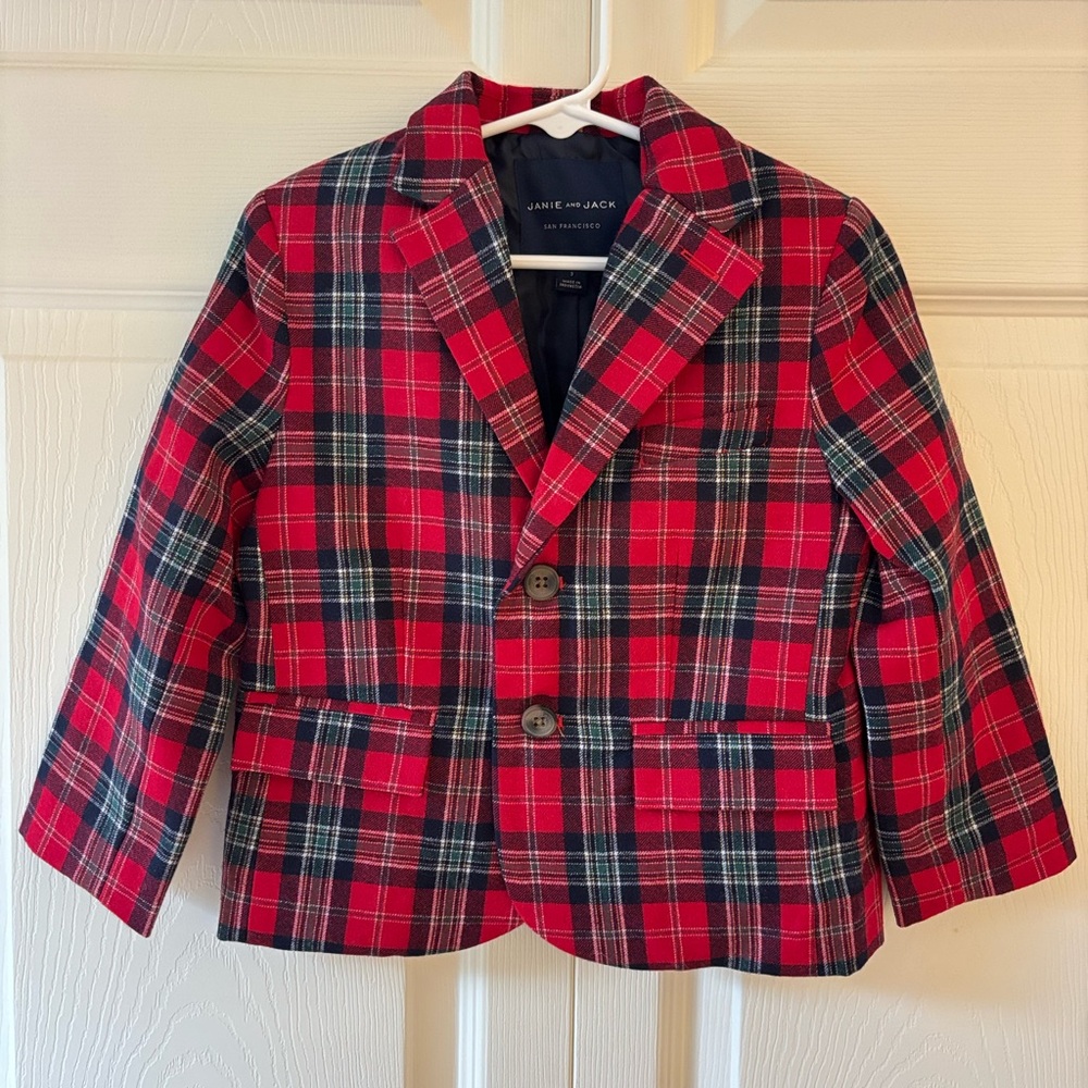 Janie and Jack Red Plaid Blazer Jacket Coat for Kids Sz 3
